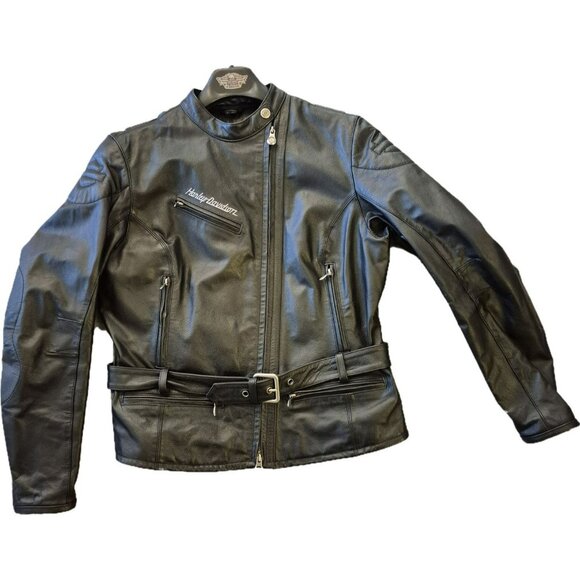 Harley-Davidson Black Leather Motorcycle Jacket  Women's Large Belted Waist - Picture 1 of 16